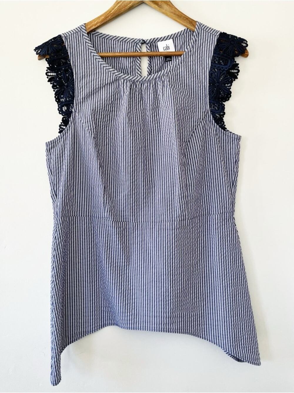 CAbi Navy and White Striped Lace Sleeve Tank Size Medium EUC